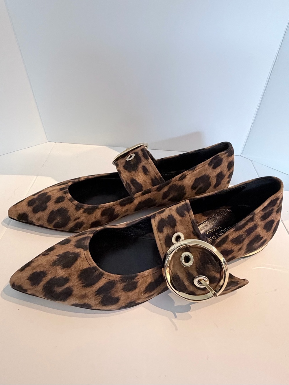 Leopard Print Pointed Mary Jane Flats with Gold Buckle